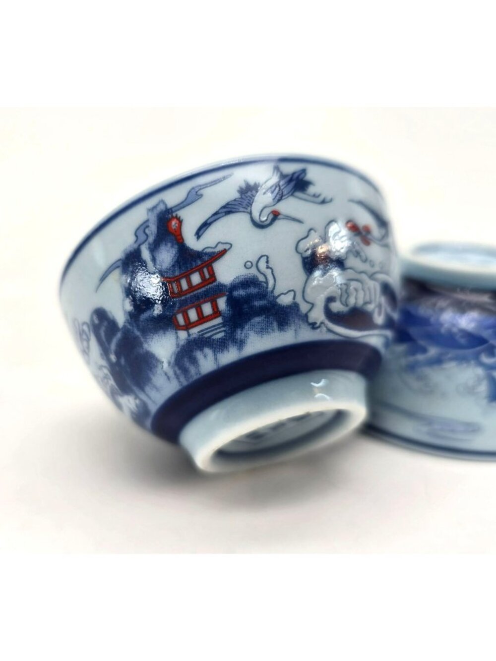 Vintage Blue & White Porcelain Tea Bowls Set Chinese Landscape Design je198